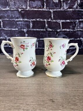 Vintage Fine Bone China Set of Two Floral Footed Teacups
